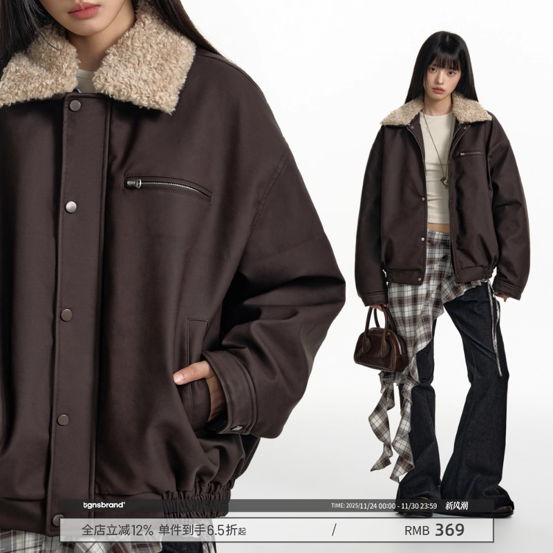 TGNS仿羊羔毛翻领帆布pu皮夹克