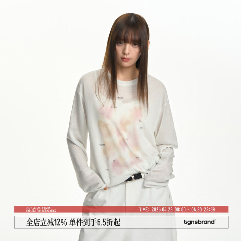 TGNS字母海螺贝壳白色长袖t恤女生夏季慵懒宽松休闲微透罩衫上衣