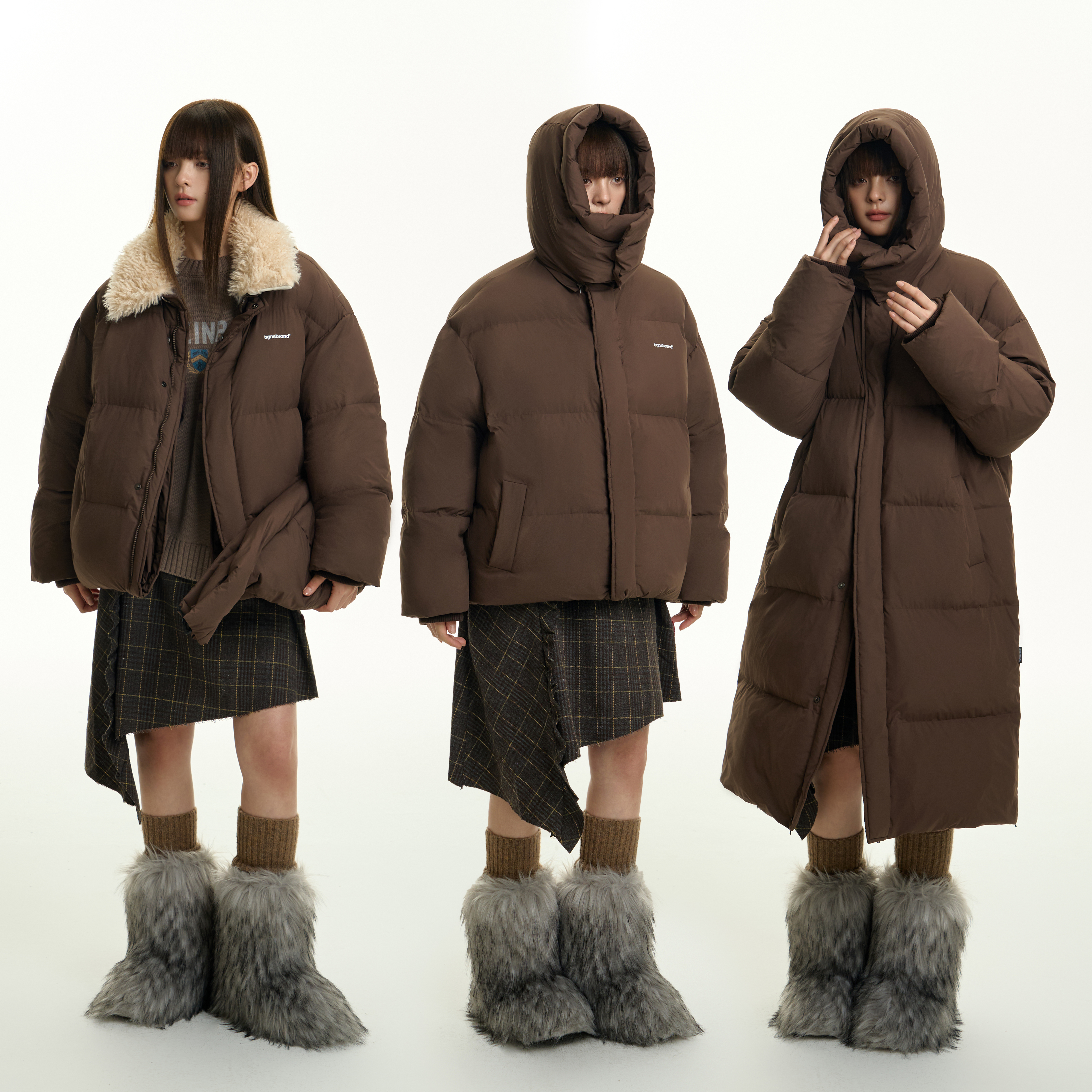 【Coco喜欢】TGNS中长款大毛领羽绒服女冬复古棕色保暖防风外套男