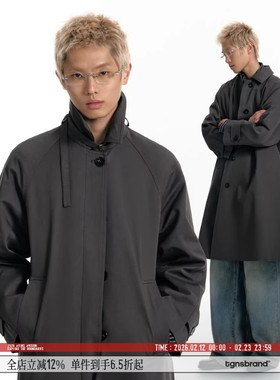TGNS单排扣中长款束带风衣男春季收腰显瘦灰色复古休闲高级感外套