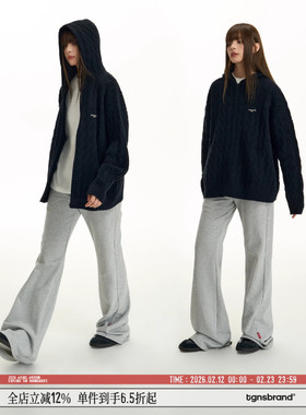 TGNS潮牌麻花毛衣外套女春季慵懒高级感宽松复古拉链连帽针织开衫