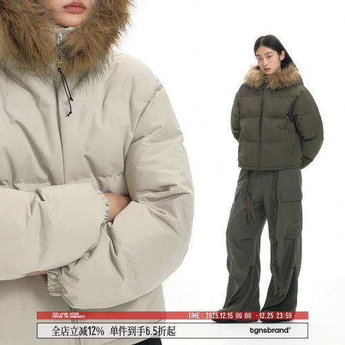 TGNS短款连帽大毛领棉服保暖外套