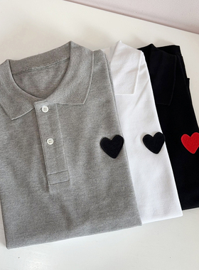 NGRM 日系经典爱心纯棉翻领polo衫宽松运动情侣短袖t恤薄款男女夏