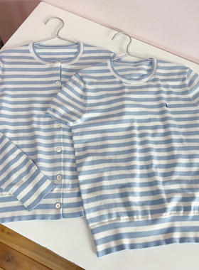NGRM 原纱线~很清新的配色 春夏蓝白条纹棉质女士针织衫短袖/开衫