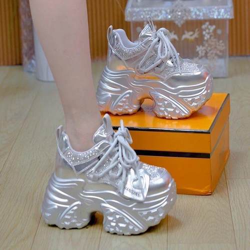 8cm小个子亮片厚底透气老爹鞋女2025春季新款百搭增高休闲运动鞋