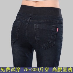 春秋高腰牛仔裤女胖mm加肥加大码高弹力松紧腰带修身显瘦小脚长裤