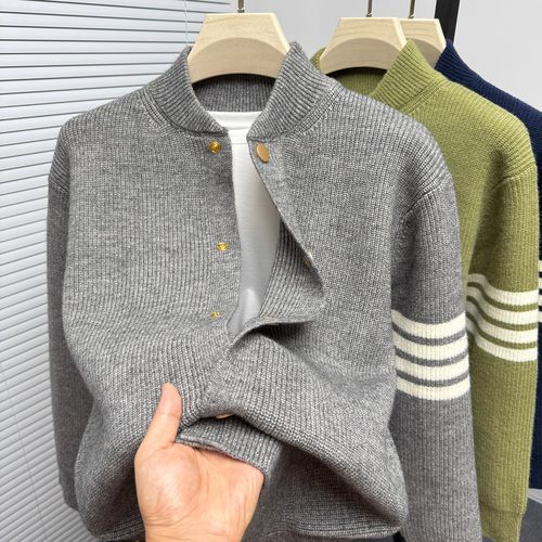 立领四条杠针织开衫男毛衣