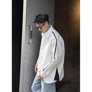 宽松韩版 男长袖 潮流设计感小众衬衣外套痞帅男上衣 白色衬衫 春秋季
