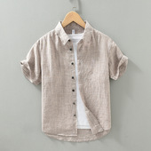 亚麻短袖 休闲上衣寸衣 宽松透气衬衣日系复古文艺方领夏季 衬衫 男装