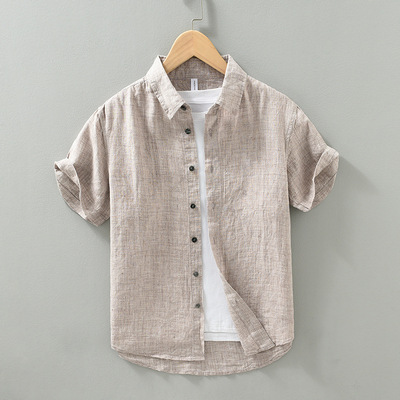 亚麻短袖衬衫男装宽松透气
