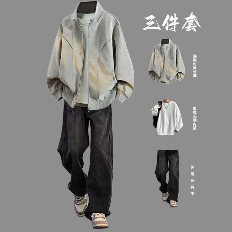 美式复古男士穿搭夹克套装秋冬季机车服立领外套潮流男装一套搭配