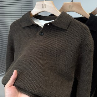 时尚百搭纯色加厚毛衣男翻领冬季休闲针织衫男装polo领套头上衣潮