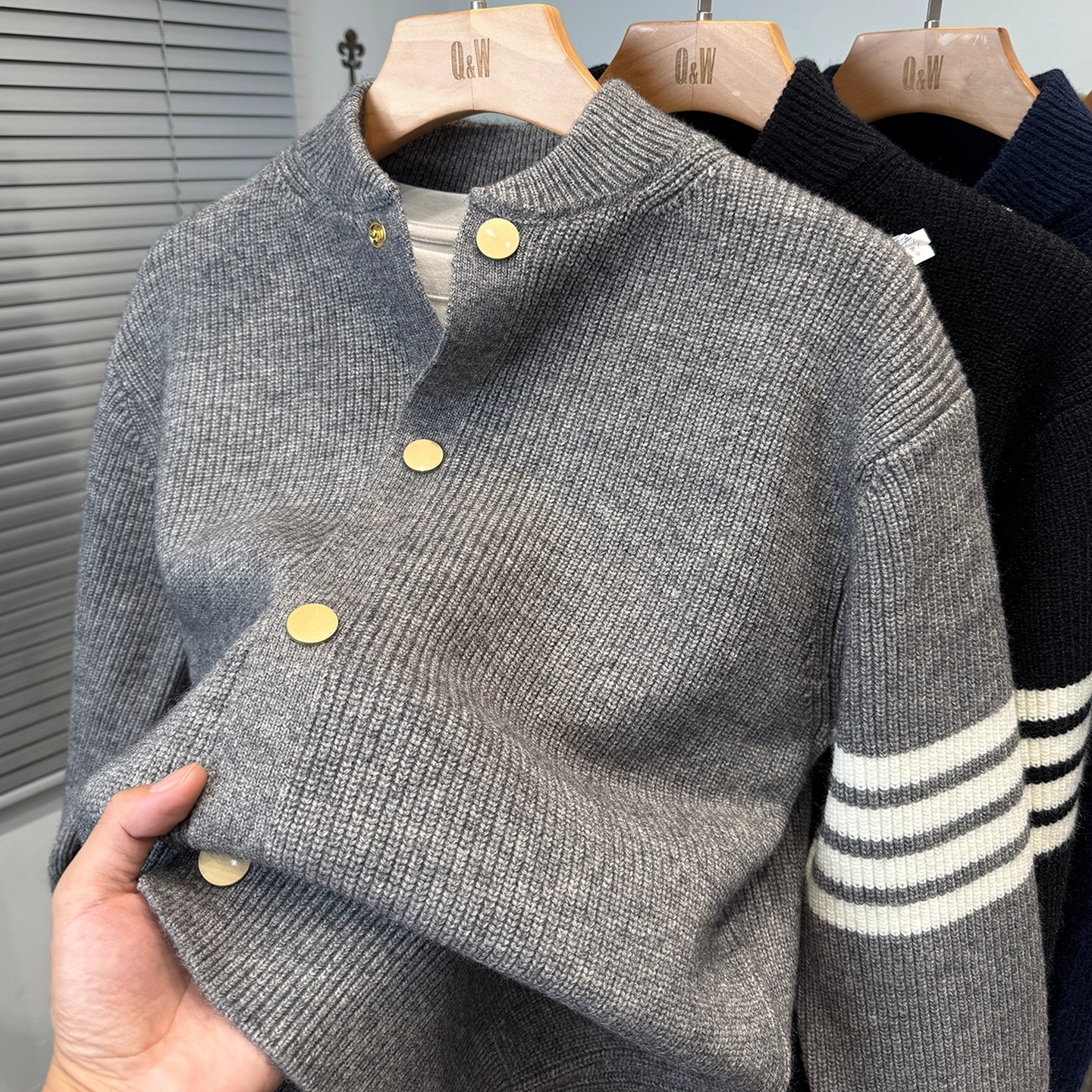 条纹棒球领毛衣外套男装秋冬韩版休闲开衫男加厚针织衫单排扣外搭