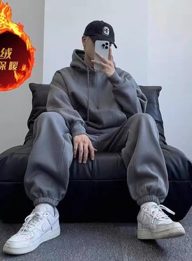 特大码280斤痞帅运动套装男女秋季宽松情侣冬卫衣休闲两件套潮流