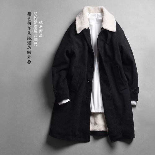 男士中长款翻领加厚加绒风衣