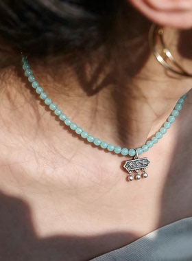 原创设计纯银复古chocker海蓝宝项链女小众高级感气质百搭锁骨链