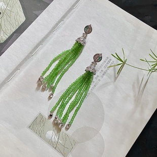 天然和田玉碧玉苹果绿小米珠流苏耳环耳饰925银镶嵌送礼佳品