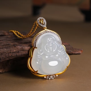 和田玉18k金镶钻白玉佛公吊坠日常佩戴玉石项链本命年挂件饰品
