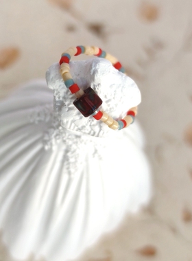 APAN手作小众捷克琉璃珠戒指叠戴百搭款复古敦煌色国风弹力指环