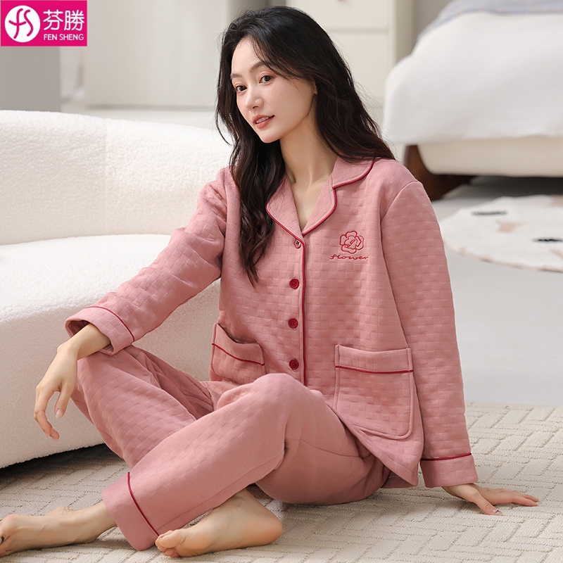 睡衣女款秋冬季空气棉夹层长袖