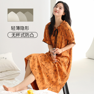 高品质带胸垫睡裙女半袖纯棉慵懒睡衣2026新款中长全棉夏天宽松薄