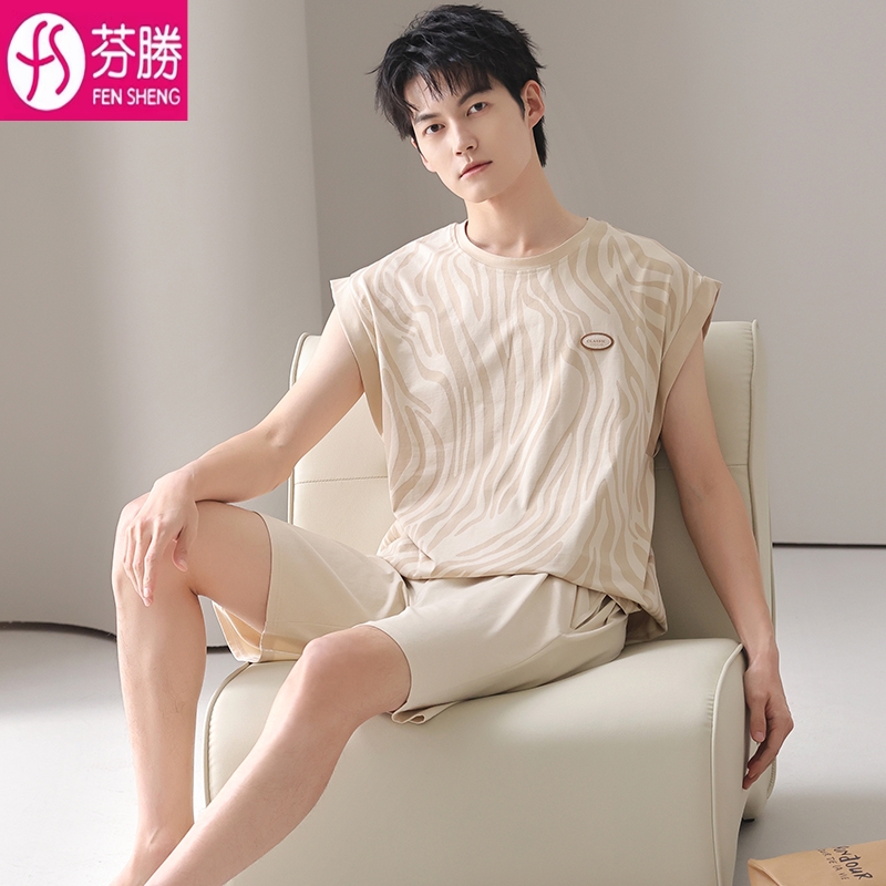 睡衣男款夏季纯棉无袖背心短裤2025新款100%全棉男士青年家居服薄