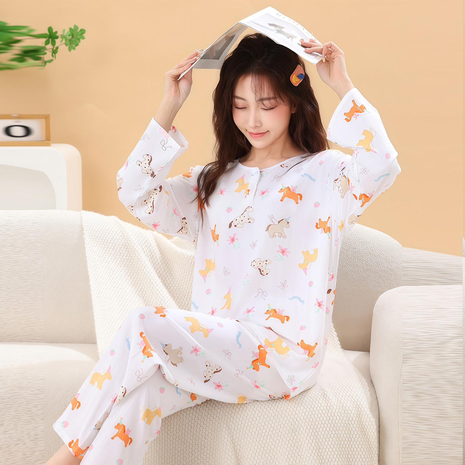 女士纯莱赛尔棉绸睡衣长袖长裤卡通腊肠狗印花家居服套装春秋薄款
