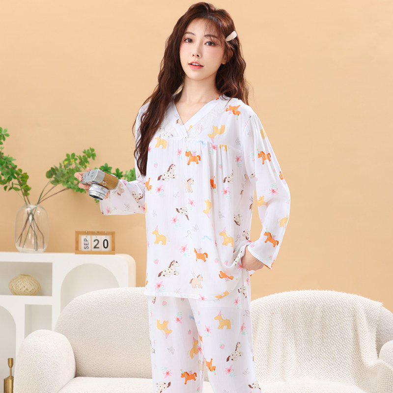 棉绸睡衣女春秋长袖夏薄人造棉妈妈家居服绵绸套装卡通可爱小个子