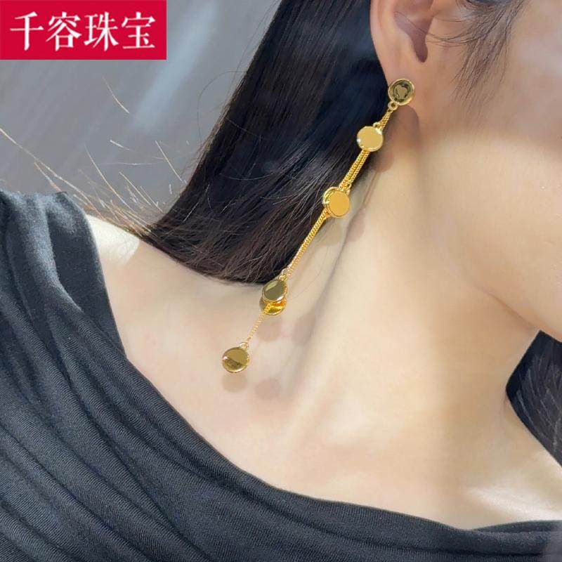 5D硬金黄金长款流苏耳环女999足金圆牌ins风纯金正品耳饰耳钉送礼