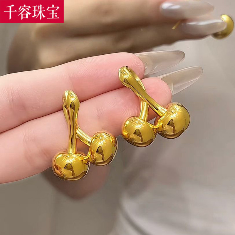 5D硬金黄金樱桃耳环女999足金新款时尚气质耳环纯金百搭耳饰送礼
