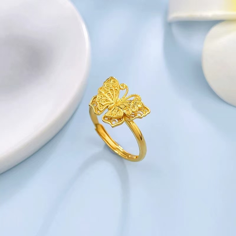 5G黄金花丝蝴蝶戒指女999足金新款镂空活口指环纯金食指戒送女友