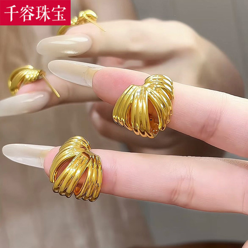 5D硬金黄金c形几何耳环女999足金气质波纹百搭正品耳饰纯金耳钉