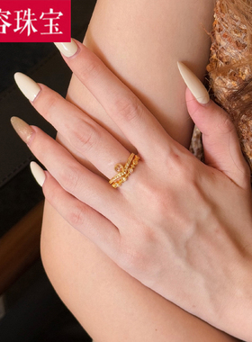 5D硬金黄金点钻皇冠戒指女999足金镶嵌新款气质指环食指戒送女友