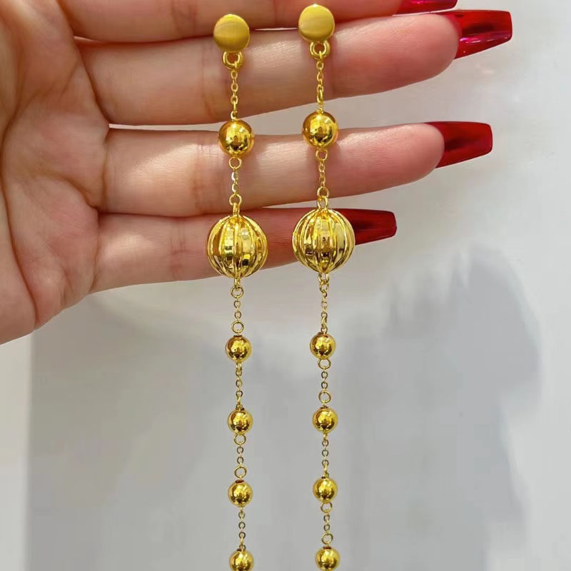 5D硬金无氰球球耳环999足金高级感长款流苏金耳线纯金新款送女友