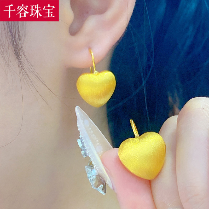 5D硬金黄金爱心耳环999足金女款纯金心形耳夹纯金耳饰送女友礼物