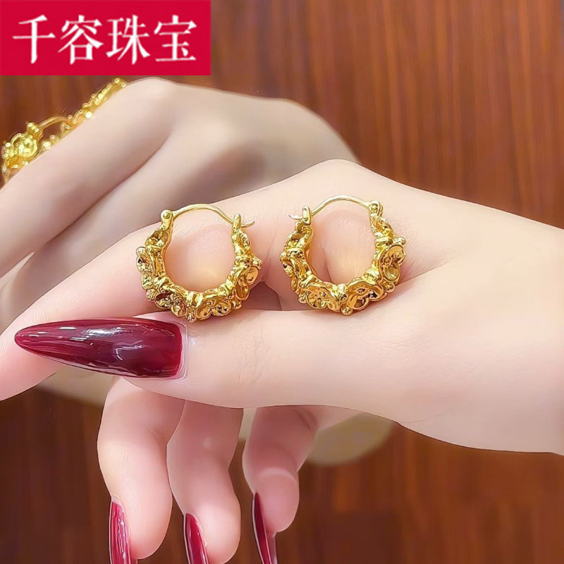 5D硬金黄金繁花耳扣女999足金新款气质花朵耳环正品纯金耳饰送礼