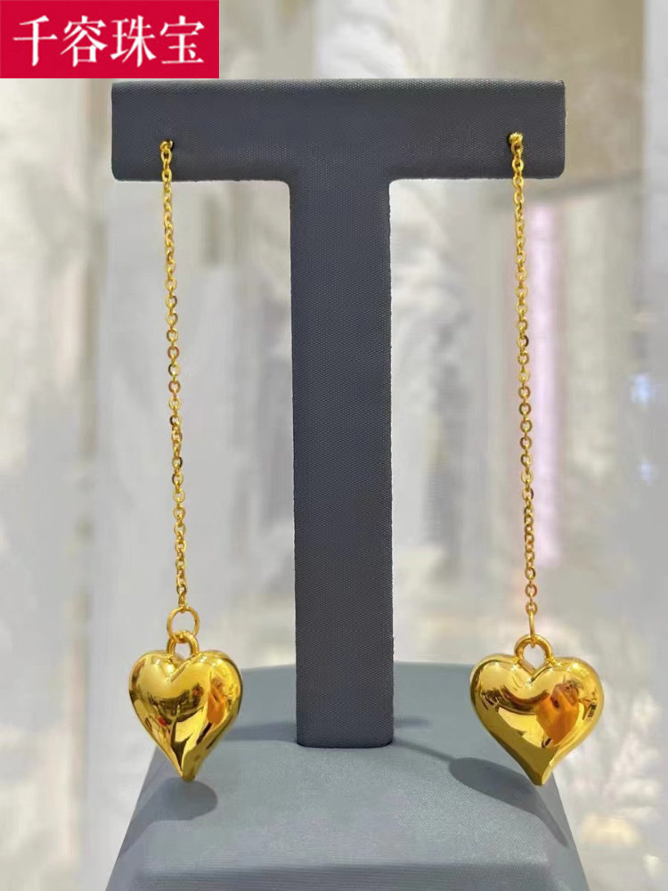 5D硬金黄金爱心耳线999足金流苏桃心耳环纯金简约耳坠送女友礼物
