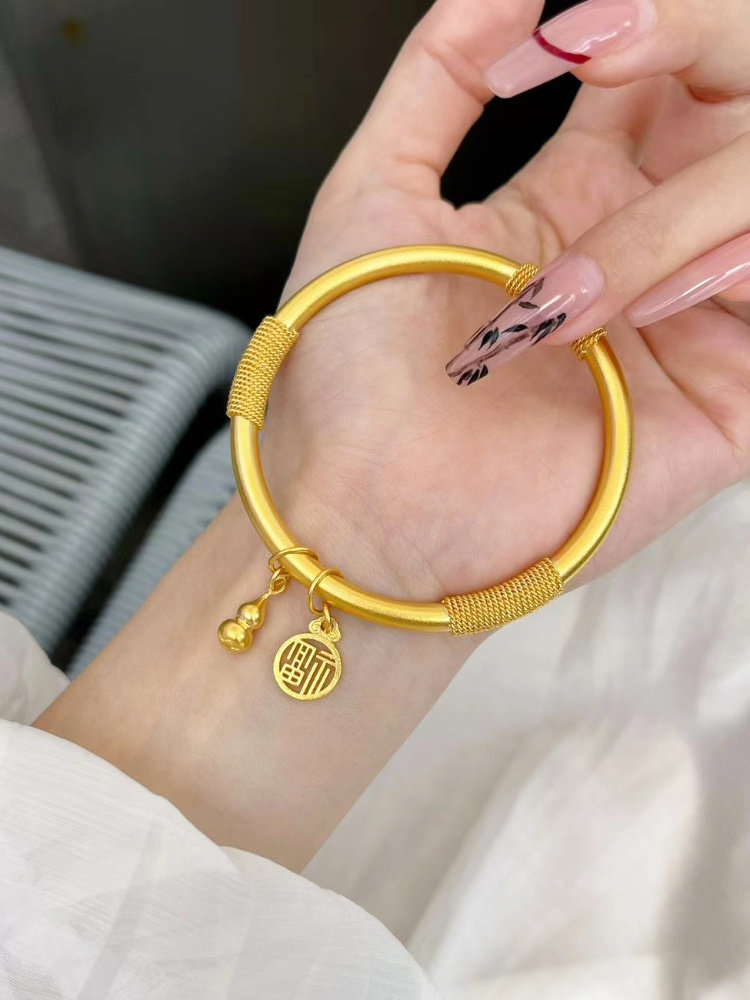 古法黄金传承手镯999足金镂空福牌绕线纯金葫芦手环大气金镯子女