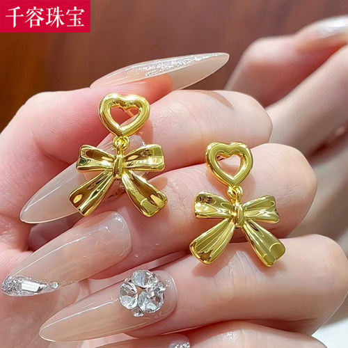 5D硬金黄金蝴蝶结耳钉女999足金镂空爱心纯金正品耳饰送女友礼物