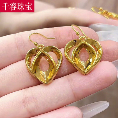 5D硬金黄金爱心耳环女999足金大气新款镂空心形耳饰纯金正品送礼