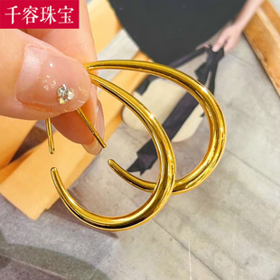 5D硬金黄金椭圆耳环女999足金蛋形气质大气耳钩新款纯金耳饰送礼