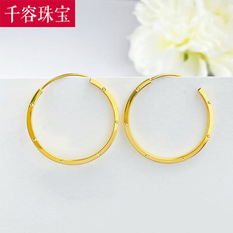 5G黄金车花耳圈女999足金新款简约气质耳环纯金百搭耳饰送礼正品