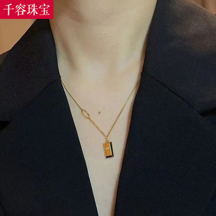 ins风5G黄金项链999足金亮面金砖吊坠纯金一体链锁骨链潮流挂坠女