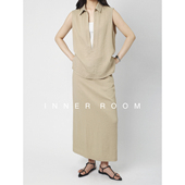 INNER 半裙三件套女夏 背心 ROOM微皱肌理亚麻套装 深V翻领马甲