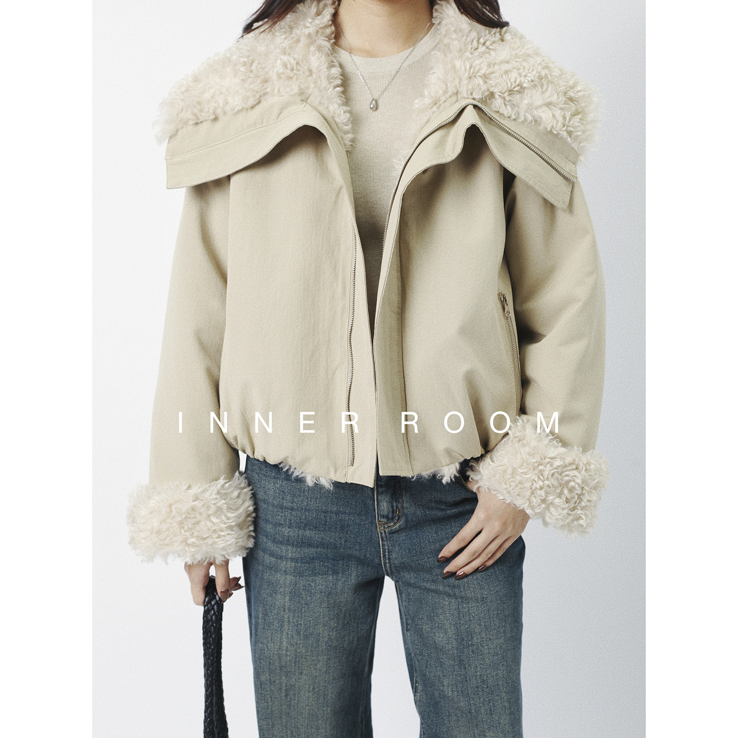 大翻领羊羔毛夹克棉服外套女冬