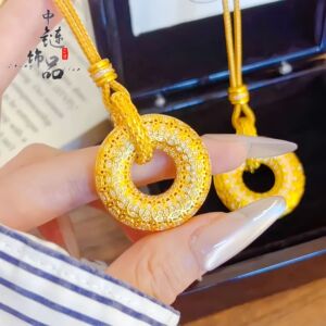 金店同款古法沙金镶钻花丝古钱纹平安扣吊坠新中式镂空平安扣挂坠