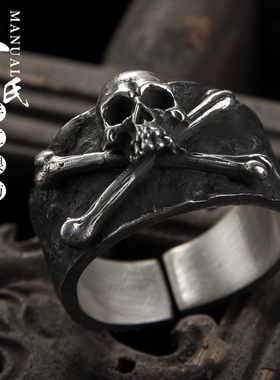 纯银骷髅头男女款朋克风做旧戒指