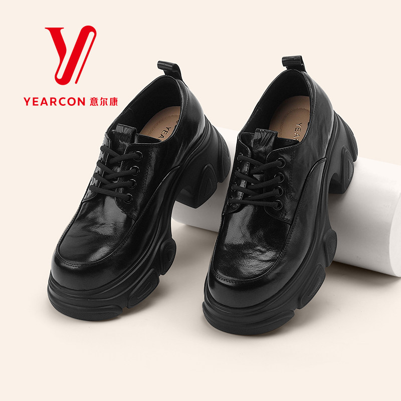 意尔康女鞋秋季新款厚底乐福鞋女真皮软底单鞋增高舒适皮鞋女