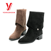 通勤短靴两穿套筒尖头低跟时尚 意尔康女靴冬季 新款 长靴子骑士靴
