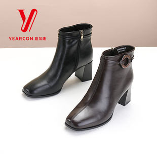 意尔康女鞋2025新款冬季女靴粗跟时装靴方头时尚薄绒加厚通勤短靴